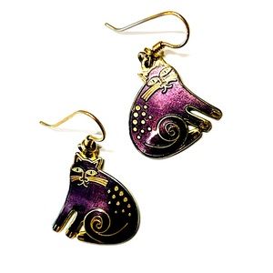Laurel Burch rare vintage “Keshire Cat” earrings in purple enamel on gold tone